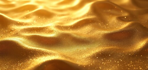 Shiny gold waves background with glitter particles. Abstract luxury metallic texture for design. Rich golden surface with soft light. Elegant and opulent material.