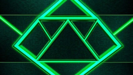 neon green geometric symmetry with layered triangles and diamond outlines forming a futuristic abstract pattern on a dark digital background