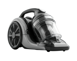 Streamlined, modern vacuum cleaner with clear dust container on dark