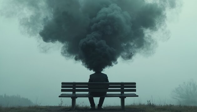 Man sits alone on park bench. Black smoke emerges from head symbolizing problems, stress and bad mental state. Person experiences burnout and emotional pain in life dark times.