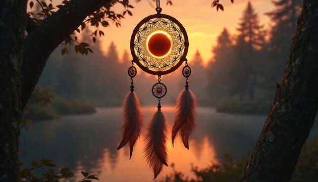 Dreamcatcher with solar eclipse center hangs on tree branch. Peaceful lake and forest glow with sunset orange light. Soft feathers sway gently in the breeze.