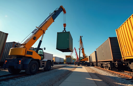 Mobile crane lifts green shipping container onto train in rail yard. Yellow cranes and freight train cars are visible under clear blue sky. Containers are being loaded onto railway cars.