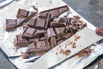 Dark milk chocolate bar in top view