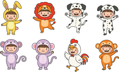 Cute children wearing animal costumes illustration, kids in bunny, lion, dog, monkey, rooster, mouse outfit