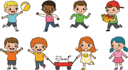 Happy children playing together cartoon illustration, kids holding ball, fruit basket, cat, enjoying outdoor fun
