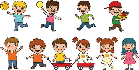 Happy children playing together cartoon illustration, kids holding ball, fruit basket, pets and enjoying outdoor fun