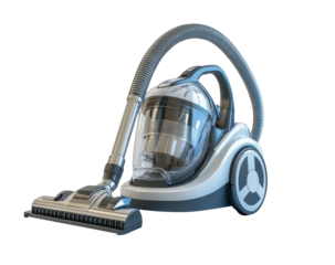 Vacuum cleaner isolated against black, showing clear dust collection bin