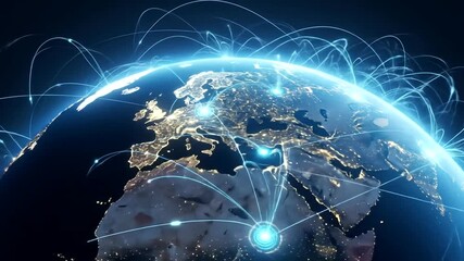 Global connectivity network visualized with illuminated cities and data flow - Powered by Adobe
