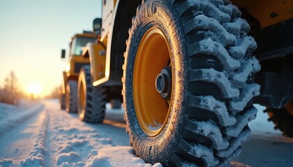 Heavy yellow construction vehicle tire covered with frost sits on a snowy road at sunrise. Deep tread provides grip for difficult winter terrain. Cold weather conditions test equipment.