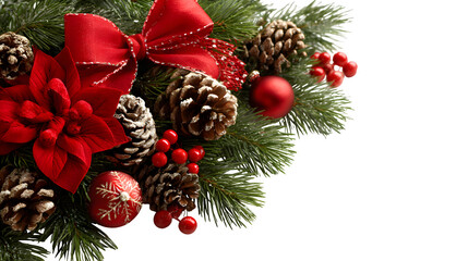 Classic Christmas corner border design with pine cones, ornaments, and satin ribbon bows isolated on white background