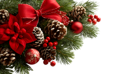 Classic Christmas corner border design with pine cones, ornaments, and satin ribbon bows isolated on white background