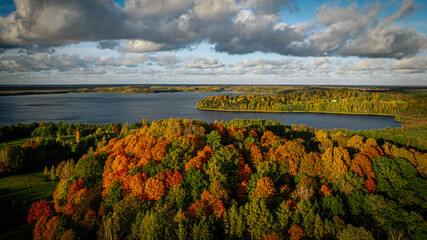 Aerial view of a lake surrounded by a colorful autumn forest, with golden, orange, and green trees...