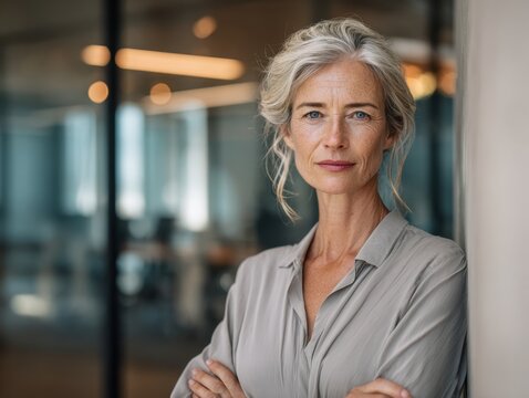 Confident middle aged business woman attorney, 45 years old lady entrepreneur, mature female professional executive manager leader standing in modern company office looking at camera. Portrait