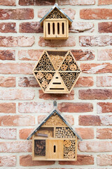 hôtel à insectes accroché à un mur de briques 