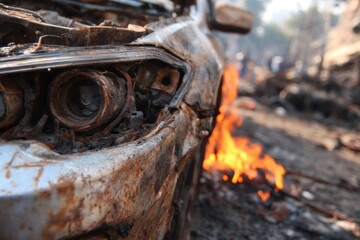 Fire Erupts in Car Engine After Crash at Urban Intersection During Daylight Hours Generative AI