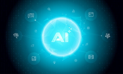 Digital poly sphere. Glowing AI logo, abstract technology icons. Generative artificial intelligence concept, neural network, machine learning. Global innovation in text, image, music, video generation