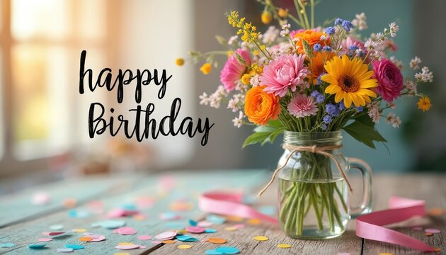 Bright wildflower bouquet in jar with confetti and handwritten Happy Birthday text. Festive celebration card wishes joy, love and cheer for recipient. Rustic country style. - Powered by Adobe