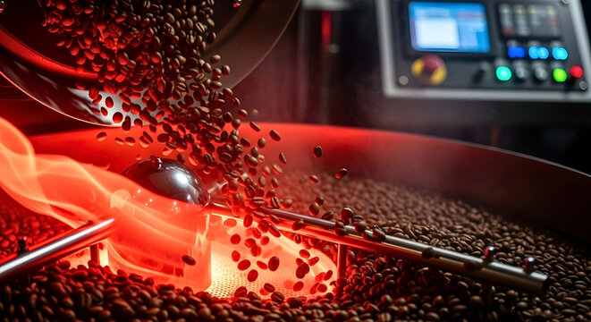 Close-up inside a glowing industrial roaster drum: coffee beans tumbling in slow motion amid swirling crimson-orange heat waves.