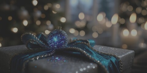 Beautifully wrapped holiday gift with a blue bow and ornament in a cozy, softly lit room during winter festivities - Low Contrast