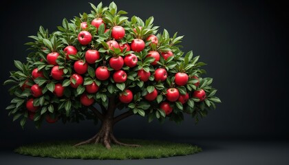 Naklejka premium Abundant apple tree with ripe red fruits and green leaves. Digital render isolated on dark background. Natural product for packaging and food concepts.