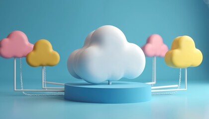 Cloud data storage concept with colorful clouds on blue background. Large white cloud on pedestal. Smaller pink, yellow clouds on metal stands with chains. Visualization of digital network,