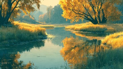 Autumn landscape with trees and calm river in a natural setting