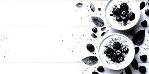 Fresh yogurt with berries and granola served on a wooden table during breakfast time