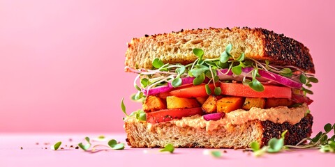 Delicious sandwich with roasted vegetables and sprouts against a background