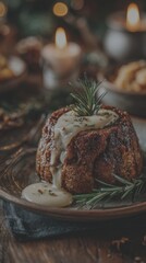 Warm dessert of spiced cake with creamy sauce and herbs served in rustic setting during festive season - Low Contrast