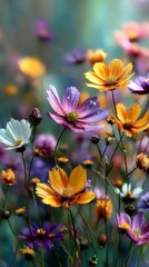 wildflowers blooming in a lush meadow at sunset, showcasing a blend of and delicate petals