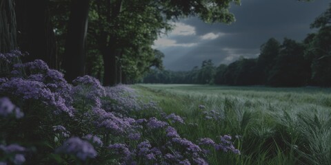 Vibrant purple flowers bloom beside a serene grassy meadow under a dramatic cloudy sky during late afternoon - Low Contrast