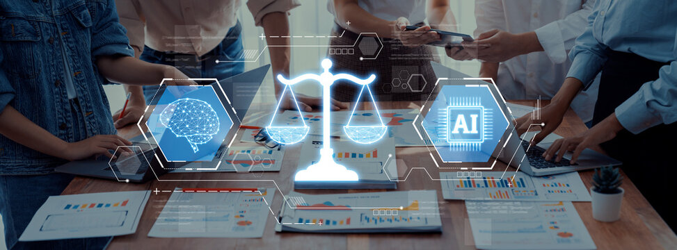 Diverse professionals collaborate at a modern workspace, utilizing technology and data to explore the intersection of artificial intelligence and ethical law considerations. Trope