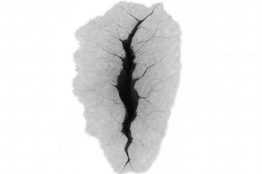 Ground crack developing a deep rupture and fissure, symbolizing destruction, damage, and earth-related disaster. Transparent background