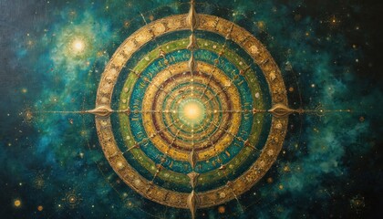 Circular diagram with multiple concentric rings symbolizing Wheel of Samsara against cosmic background. Golden and blue tones represent spiritual concepts. Stars and nebula add to mystical atmosphere.