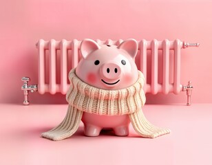 Pink piggy bank wearing striped scarf a symbol of saving on heating and electricity during the cold season