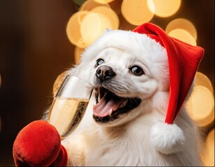 Happy  Dog in Santa Hat Celebrating Christmas with Champagne Glass and Bokeh Lights
