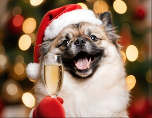 Happy  Dog in Santa Hat Celebrating Christmas with Champagne Glass and Bokeh Lights