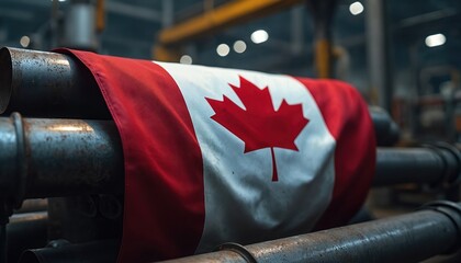 Canadian flag draped over industrial metal pipes in a factory setting. Symbolizing national industry and manufacturing strength. Focus on materials and production.