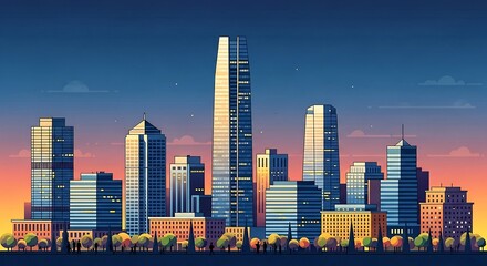 Fototapeta premium City skyline at sunset modern cityscape at twilight vibrant colors reflecting off skyscrapers representing urban life business architecture travel.