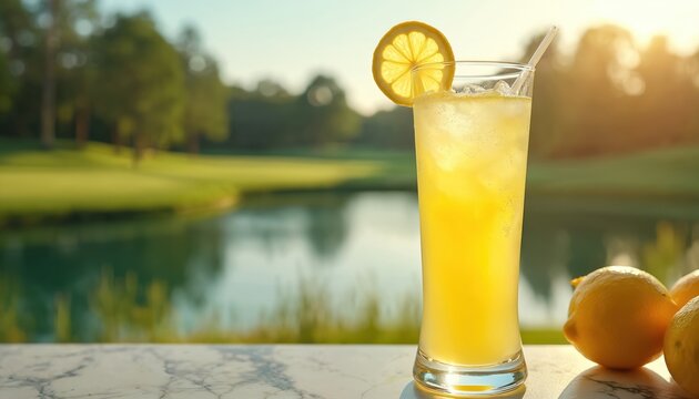 Refreshing lemonade served in glass with lemon slice. Cold drink with ice. Golf course and lake as background. Summer vacation mood. Citrus lemonade beverage on sunny day outdoors.