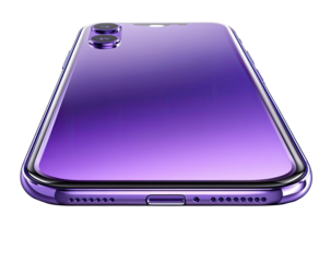 Sleek, purple phone lying flat with two camera lenses visible
