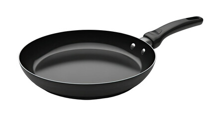 Angled view of a non-stick black skillet with a black handle on a dark background
