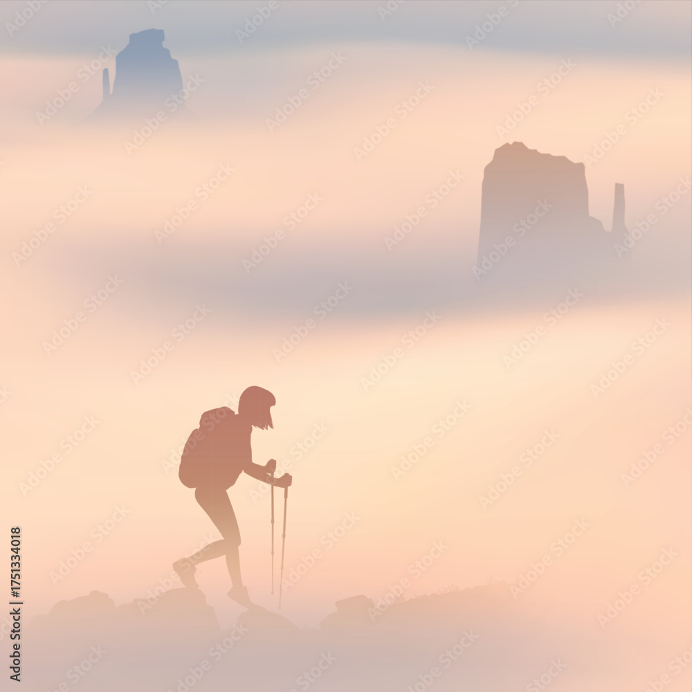 Canvas Prints hiking with trekking poles. woman at mountain range. silhouette in fog