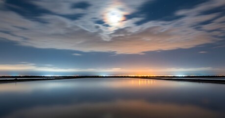 Fototapeta premium Nighttime serenity: A tranquil lake reflects the moonlit sky and distant city lights.