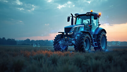 Advanced blue tractor drives across farm field at dusk. Digital data streams surround machine. Future farming tech uses ai automation for efficiency and sustainability.