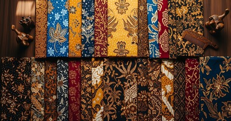 A vibrant collection of intricately patterned batik fabrics displayed in a top-down view, showcasing diverse colors and designs.