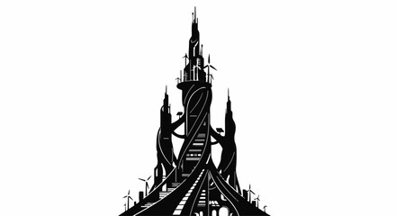 Futuristic skyscraper with renewable energy elements reaching towards the sky.