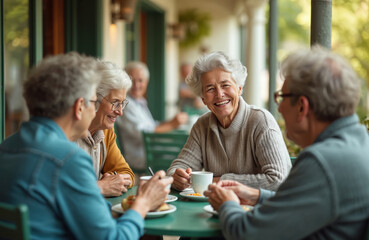 Group of elderly friends enjoying breakfast together at outdoor cafe. Mature grey haired people sit at table with coffee and pastries. Seniors socialize and have meal outside at cafe or restaurant.