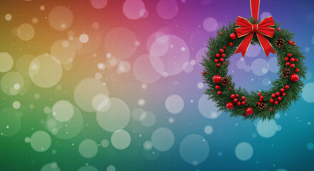 Christmas wreath made of fir branches, decorated with red berries and a bright bow, on a rainbow background with blurred circles of light.