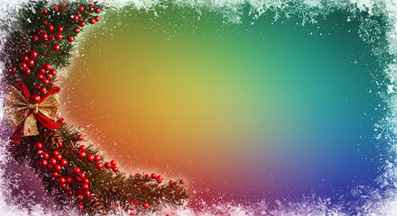 A New Year's rainbow frame decorated with branches with red berries and snow sprinkling, creating the effect of magical radiance and the promise of a miracle.
